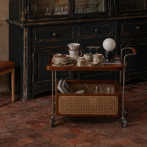 Mid-Century Rolling Bar Cart with Rattan Basket