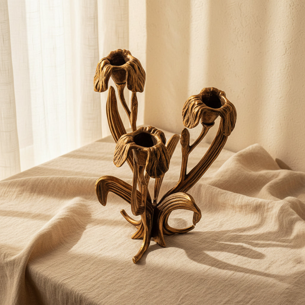 Botanical Brass Candelabra Sculpture | Hand-Forged Floral Tulip Candelabrum | Elegant Gold Art Nouveau Centerpie