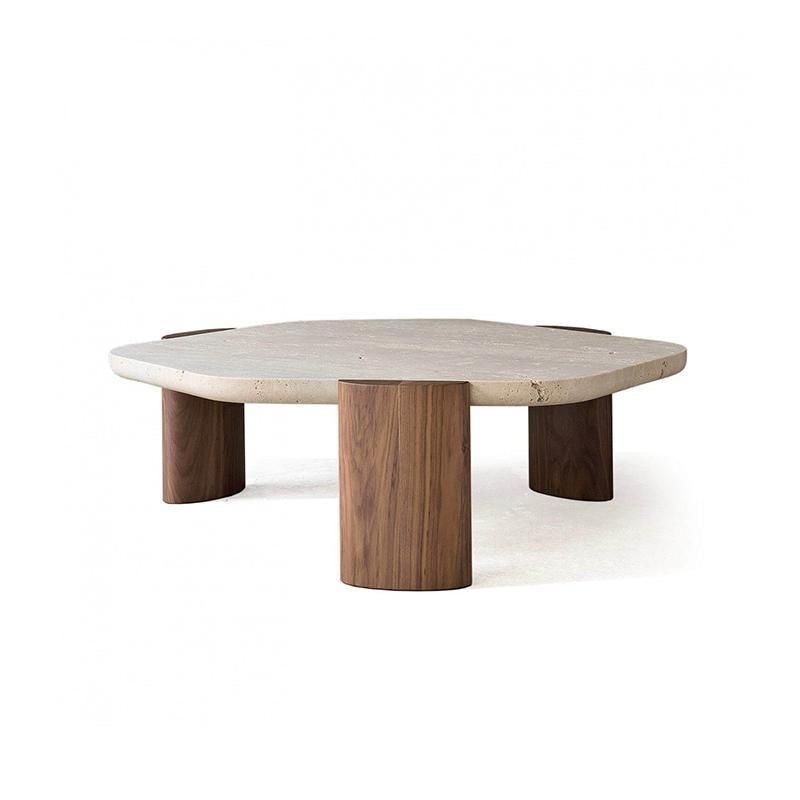 Biomorphic Travertine Coffee Table | Organic Modern Stone & Walnut Furniture | Sculptural Low Centerpiece