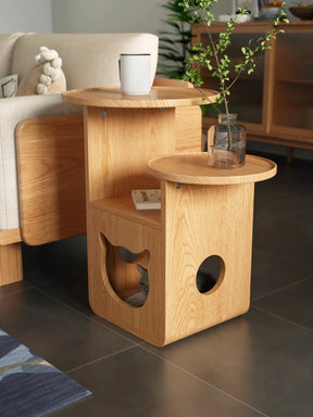 Modern Wooden Cat House Side Table - 2-in-1 Pet Bed & End Table for Living Room - Japandi Style Solid Wood Cat Furniture (Natural/Walnut)