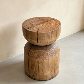 Sculptural Geometric Solid Wood Stool & Side Table