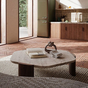 Biomorphic Travertine Coffee Table | Organic Modern Stone & Walnut Furniture | Sculptural Low Centerpiece