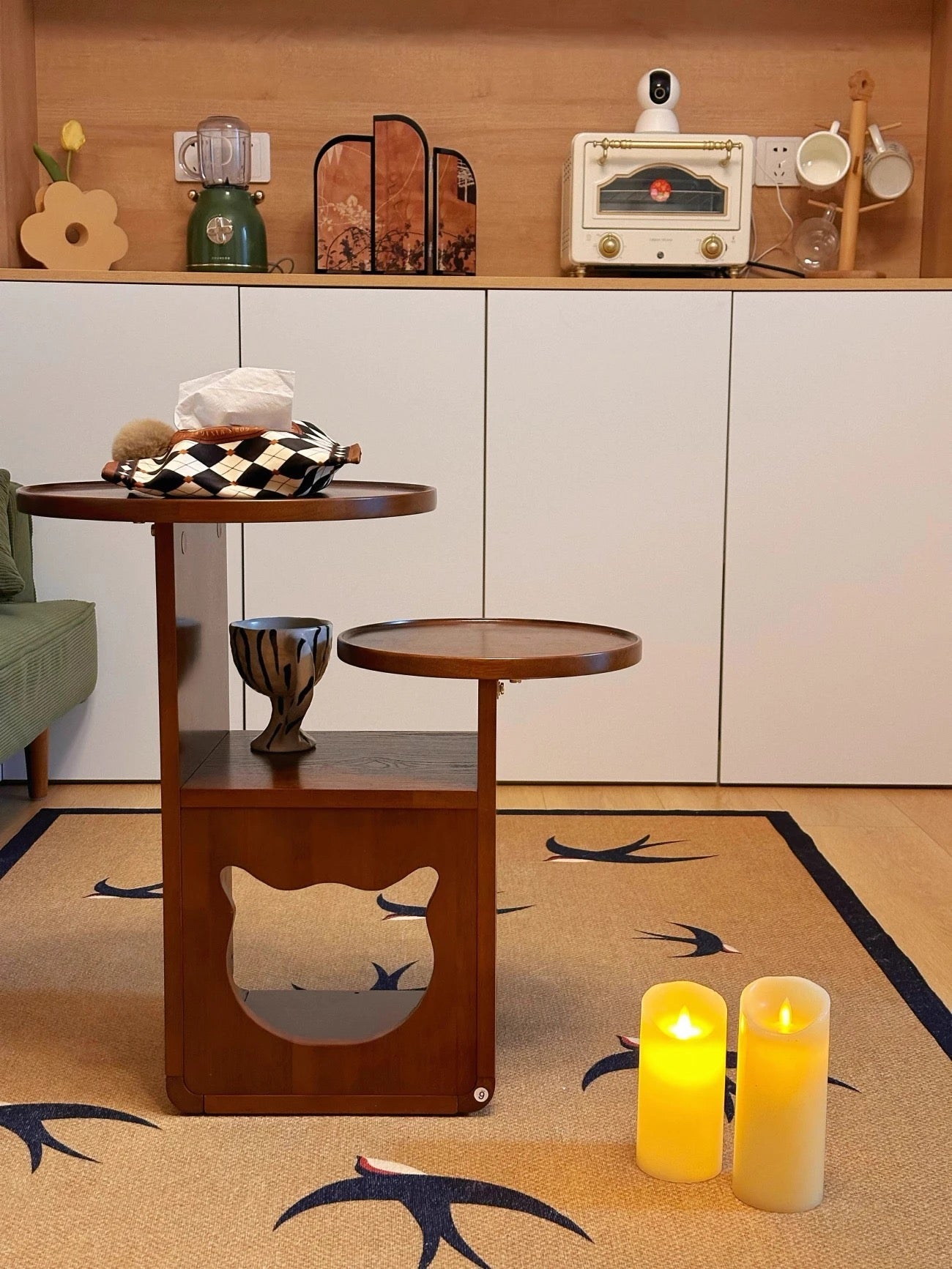 Modern Wooden Cat House Side Table - 2-in-1 Pet Bed & End Table for Living Room - Japandi Style Solid Wood Cat Furniture (Natural/Walnut)