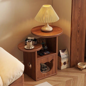 Modern Wooden Cat House Side Table - 2-in-1 Pet Bed & End Table for Living Room - Japandi Style Solid Wood Cat Furniture (Natural/Walnut)