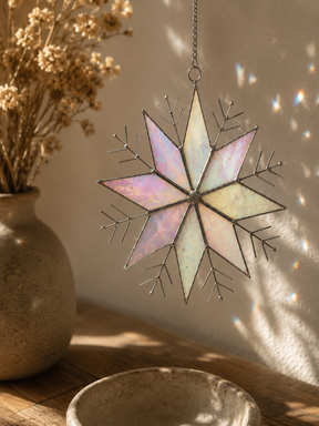 Stained Glass Snowflake Ornament – Handmade Iridescent Sun Catcher