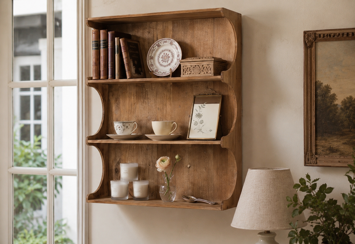 Vintage Scalloped Wall Shelf | Solid Pine French Country Display Shelf