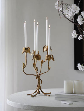 Botanical Brass Candelabra Sculpture | Hand-Forged Floral Tulip Candelabrum | Elegant Gold Art Nouveau Centerpie