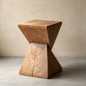 Sculptural Geometric Solid Wood Stool & Side Table
