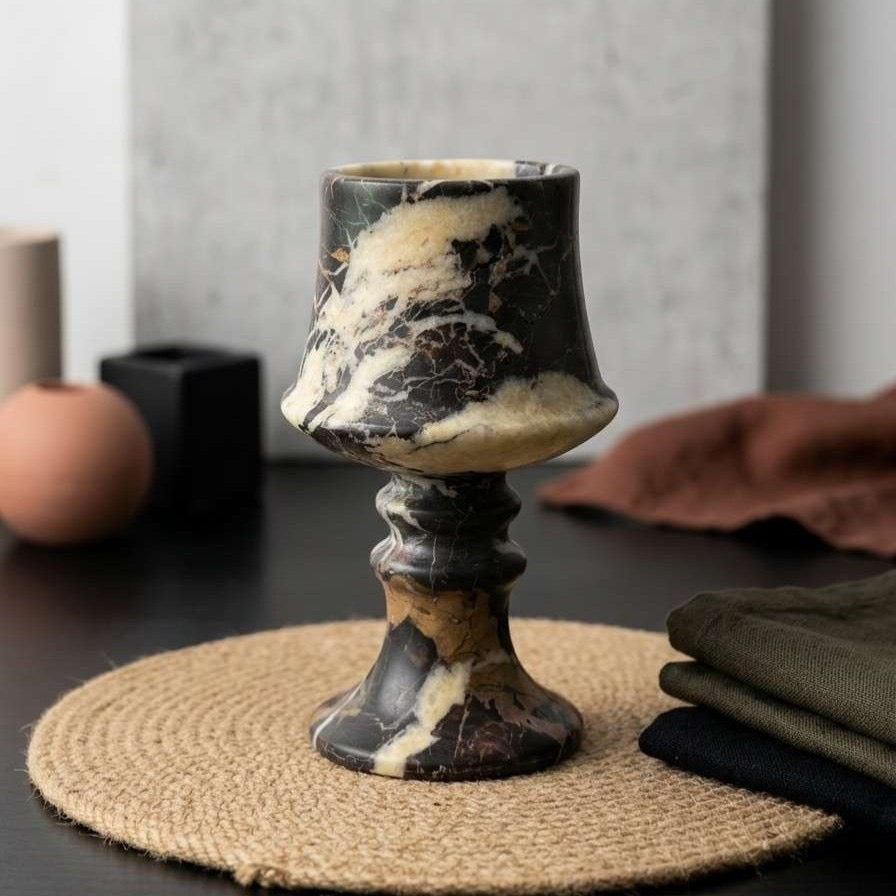 Midnight Emerald Marble Vessel | Hand-Carved Black & Gold Veined Stone Vase | Luxury Centerpiece