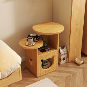 Modern Wooden Cat House Side Table - 2-in-1 Pet Bed & End Table for Living Room - Japandi Style Solid Wood Cat Furniture (Natural/Walnut)