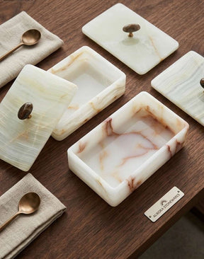Artisan White Onyx Keepsake Box | Genuine Natural Stone Jewelry Box with Ornate Gold Handle | Unique Luxury Home Deco