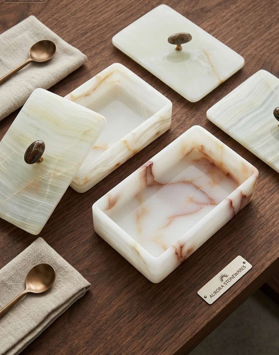 Artisan White Onyx Keepsake Box | Genuine Natural Stone Jewelry Box with Ornate Gold Handle | Unique Luxury Home Deco