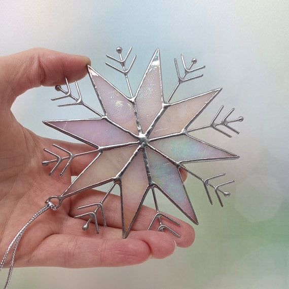 Stained Glass Snowflake Ornament – Handmade Iridescent Sun Catcher