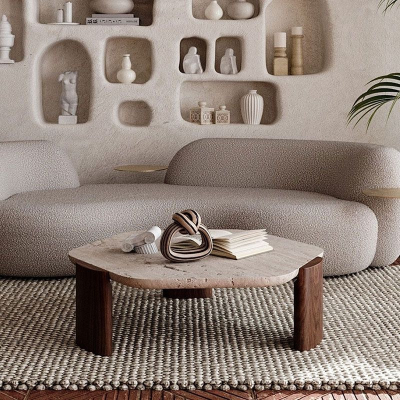 Biomorphic Travertine Coffee Table | Organic Modern Stone & Walnut Furniture | Sculptural Low Centerpiece