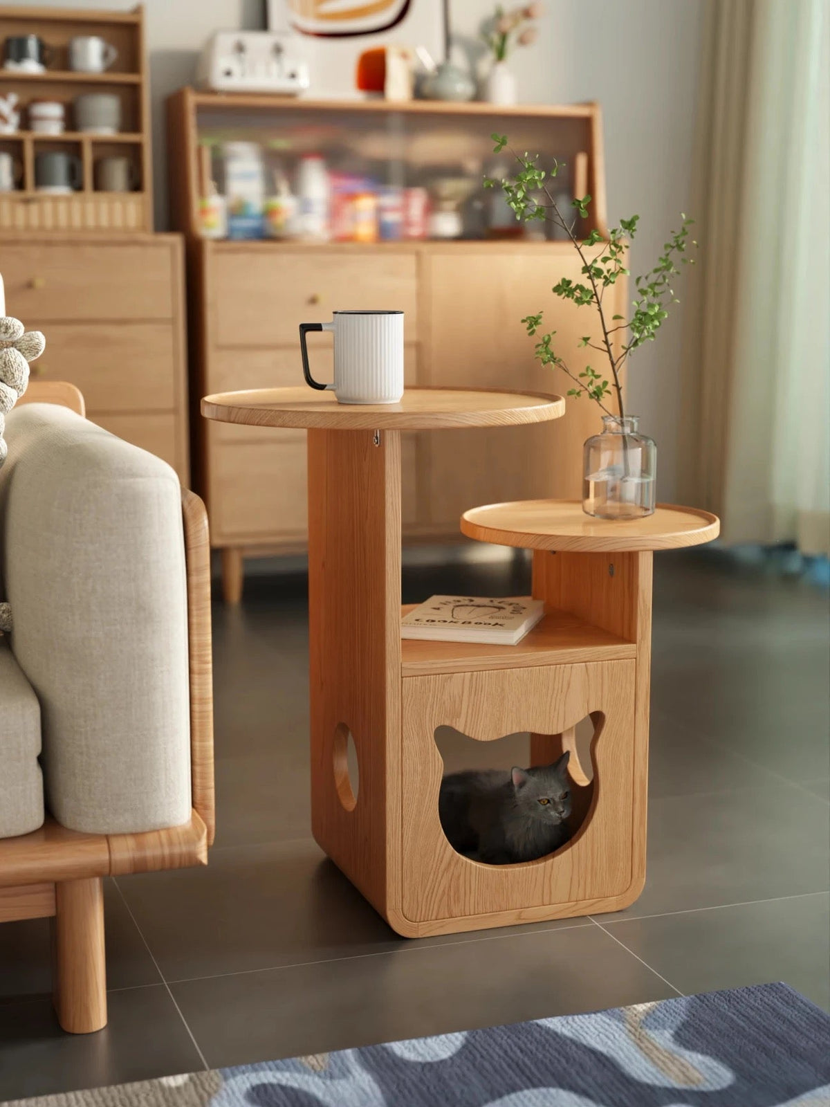 Modern Wooden Cat House Side Table - 2-in-1 Pet Bed & End Table for Living Room - Japandi Style Solid Wood Cat Furniture (Natural/Walnut)