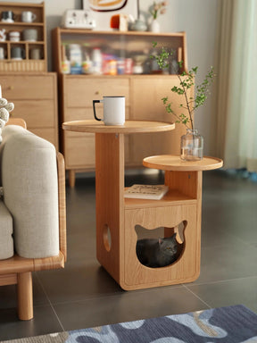 Modern Wooden Cat House Side Table - 2-in-1 Pet Bed & End Table for Living Room - Japandi Style Solid Wood Cat Furniture (Natural/Walnut)