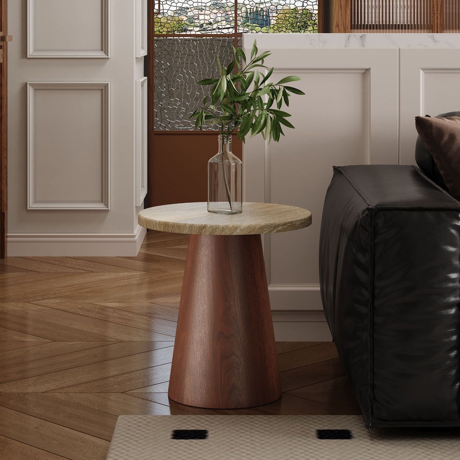Travertine Top & Solid Walnut Tapered Base | Indoor-Outdoor Organic Modern Accent