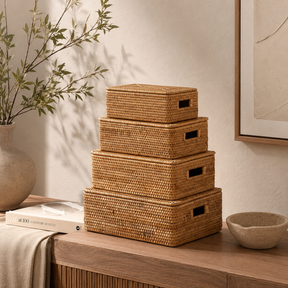 Handmade Woven Rattan Basket with Lid – Multi-Size Storage Box for Bathroom, Closet, or Living Room