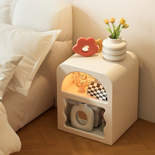 Boho White Side Table Wavy Storage Shelf from Ausique Decor